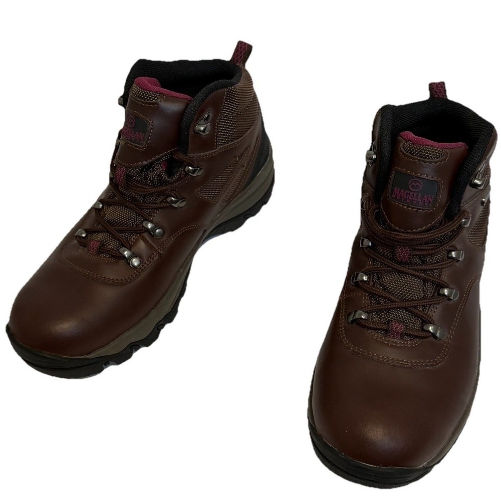 Magellan Outdoors Women's Brown Lace-Up Hiking Boots with Maroon Accents